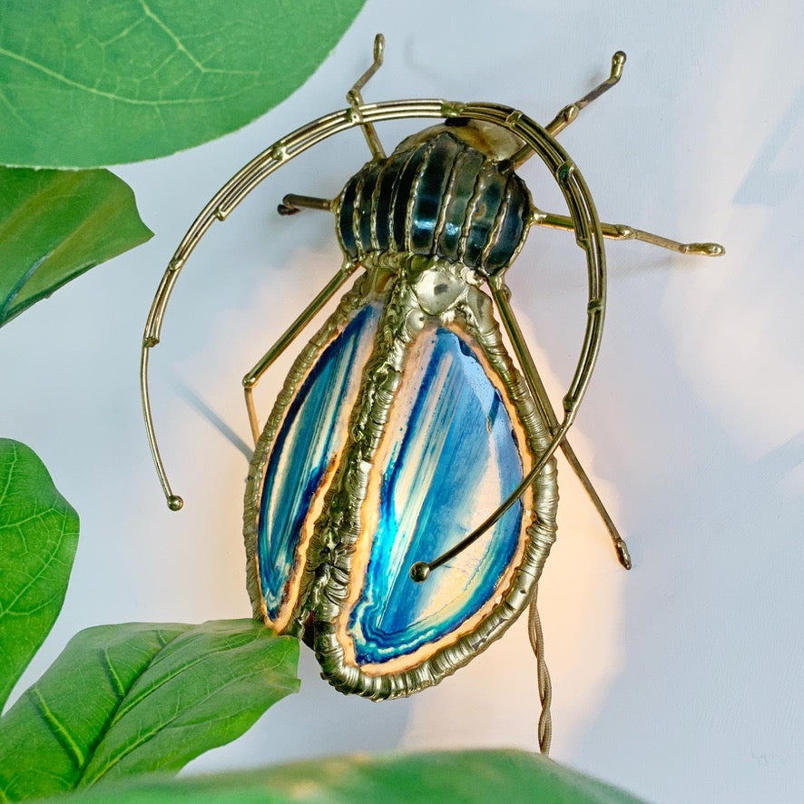 Henri Fernandez Illuminated Gold Blue Agate Sculpture of a Longhorn Beetle