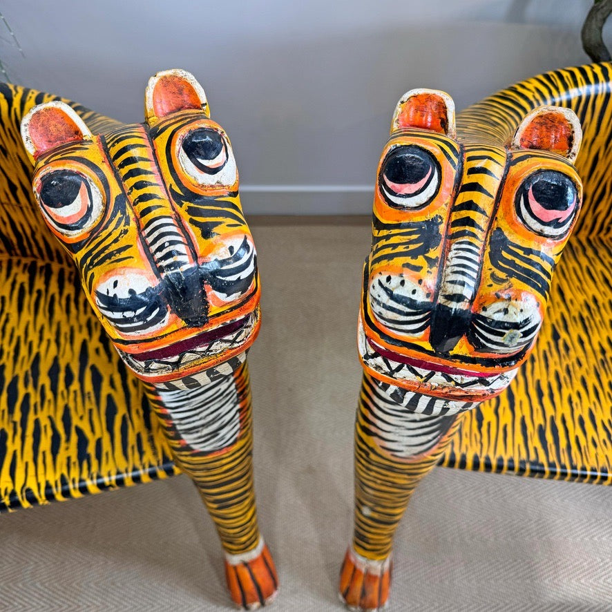Vintage Pair of Indian Polychrome-Decorated Tiger Throne Chairs