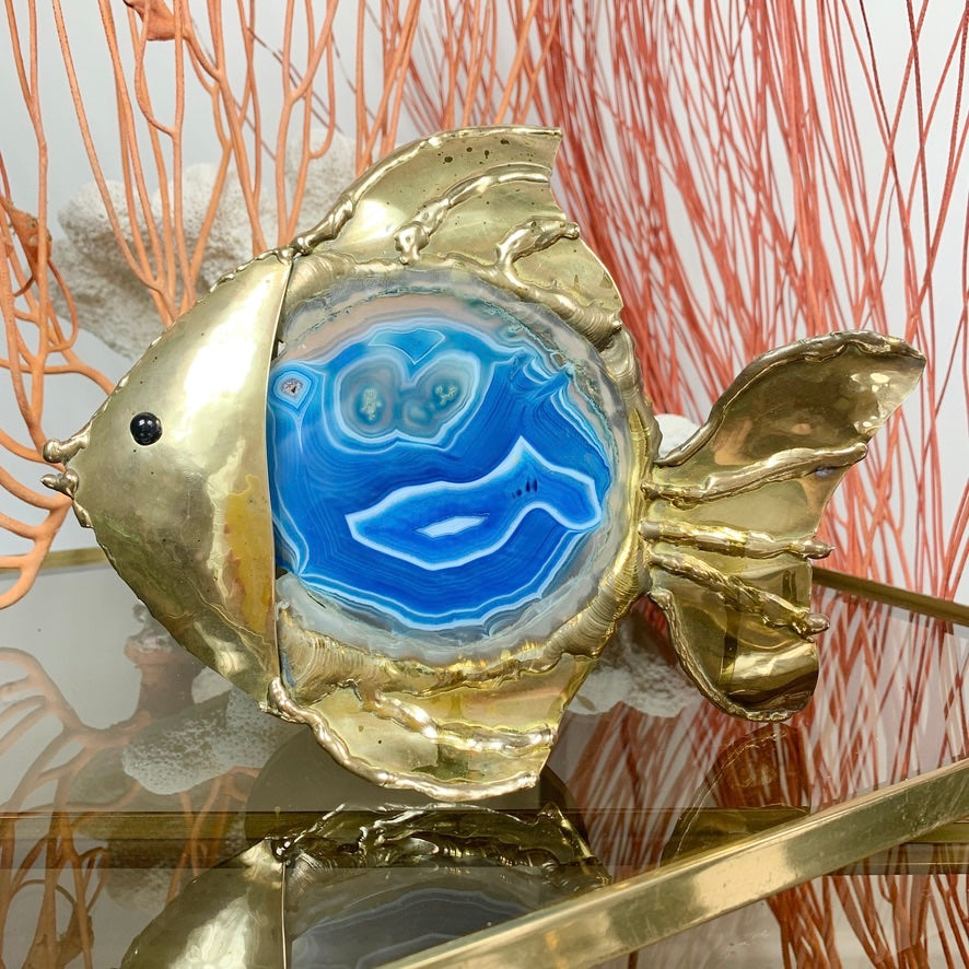 Jacques Duval-Brasseur Illuminated Blue Agate Gold Fish Lamp