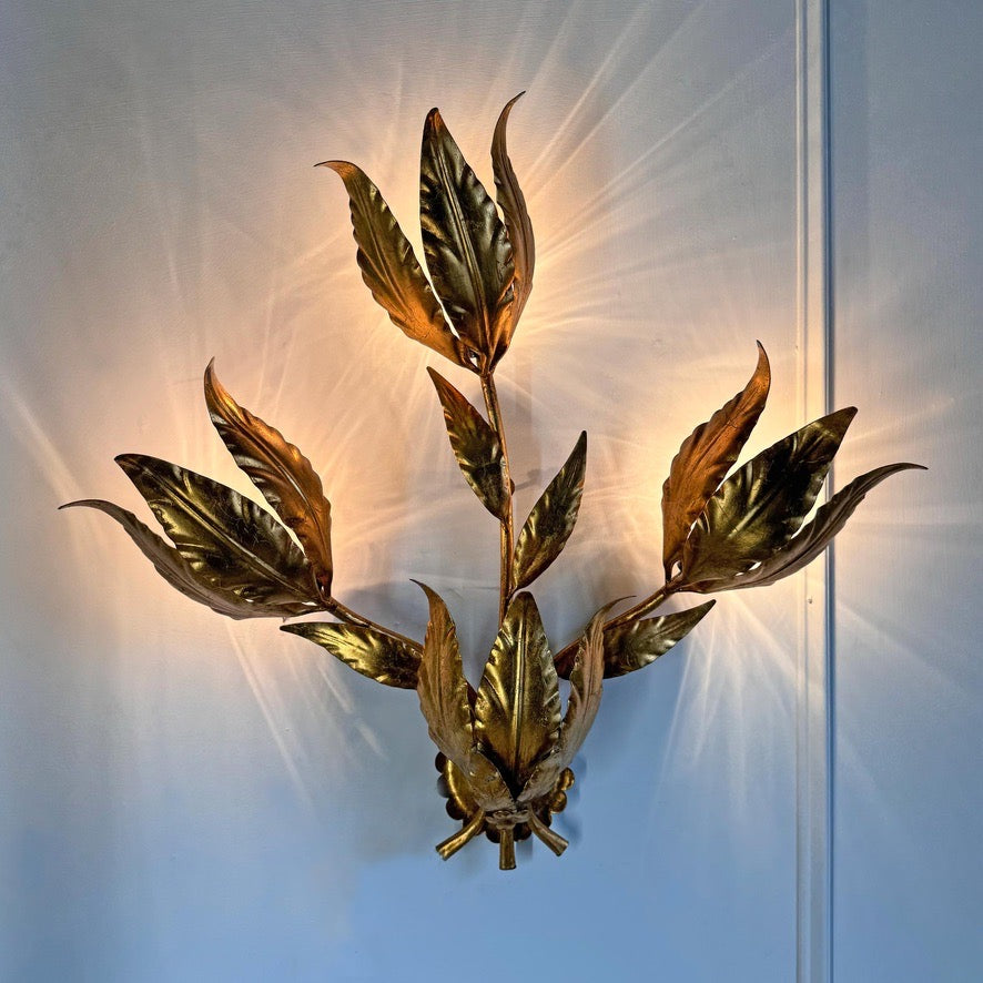 Set of 3 Large Original Hans Kogl 1970's Gilt Leaf Wall Lights