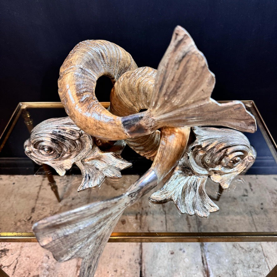 Gabriella Crespi 'Coppia di Delfini' Pair of Rams Horn and Silvered Bronze Mythical Dolphins Each Signed to Base