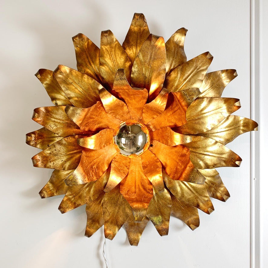 1960s Large Toleware Italian Gold Flower Light
