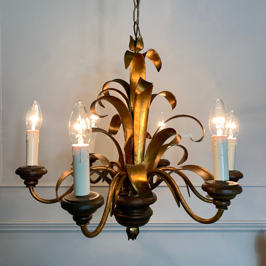 Italian Broad Leaf Gold Chandelier 1970's