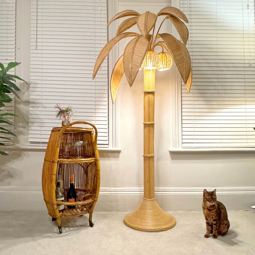 Mid-Century Italian Bamboo Barrel Bar Cart by Bonacina