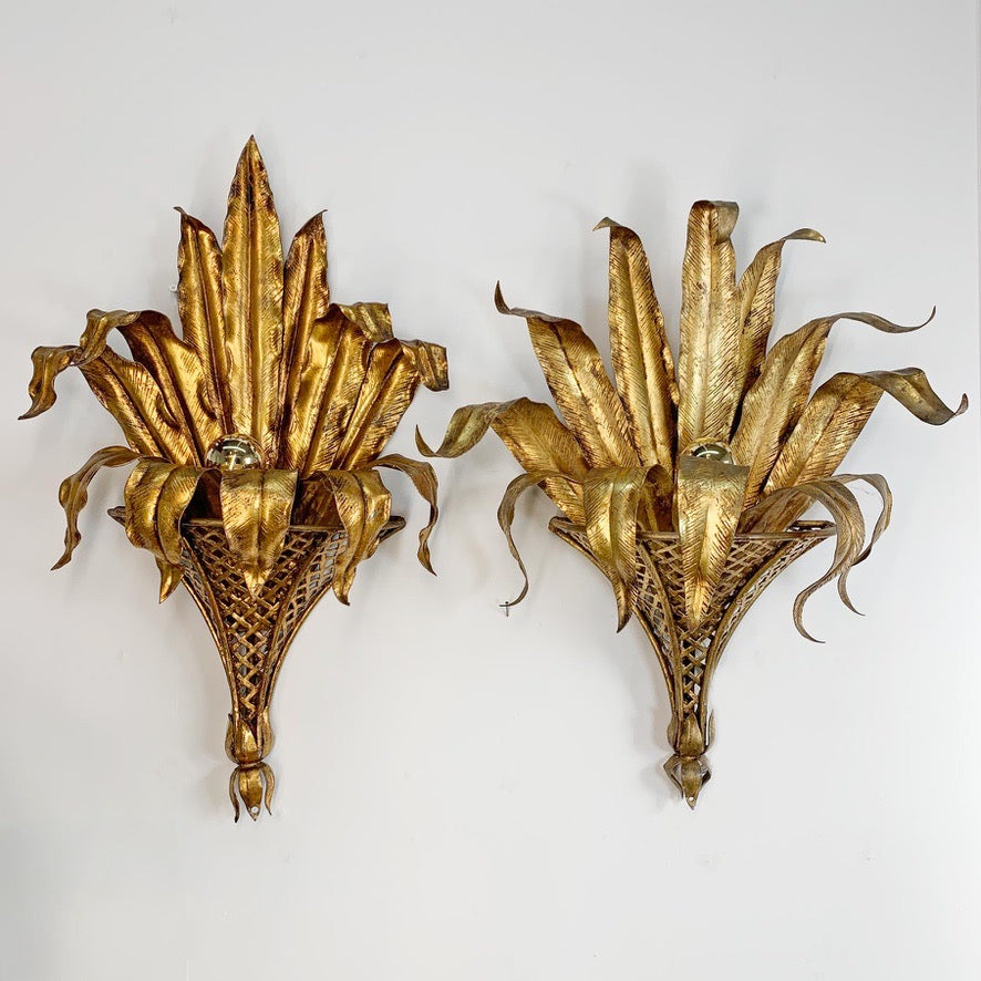 Pair of Italian Gilt Tole Palm Leaf and Coronet Wall Lights