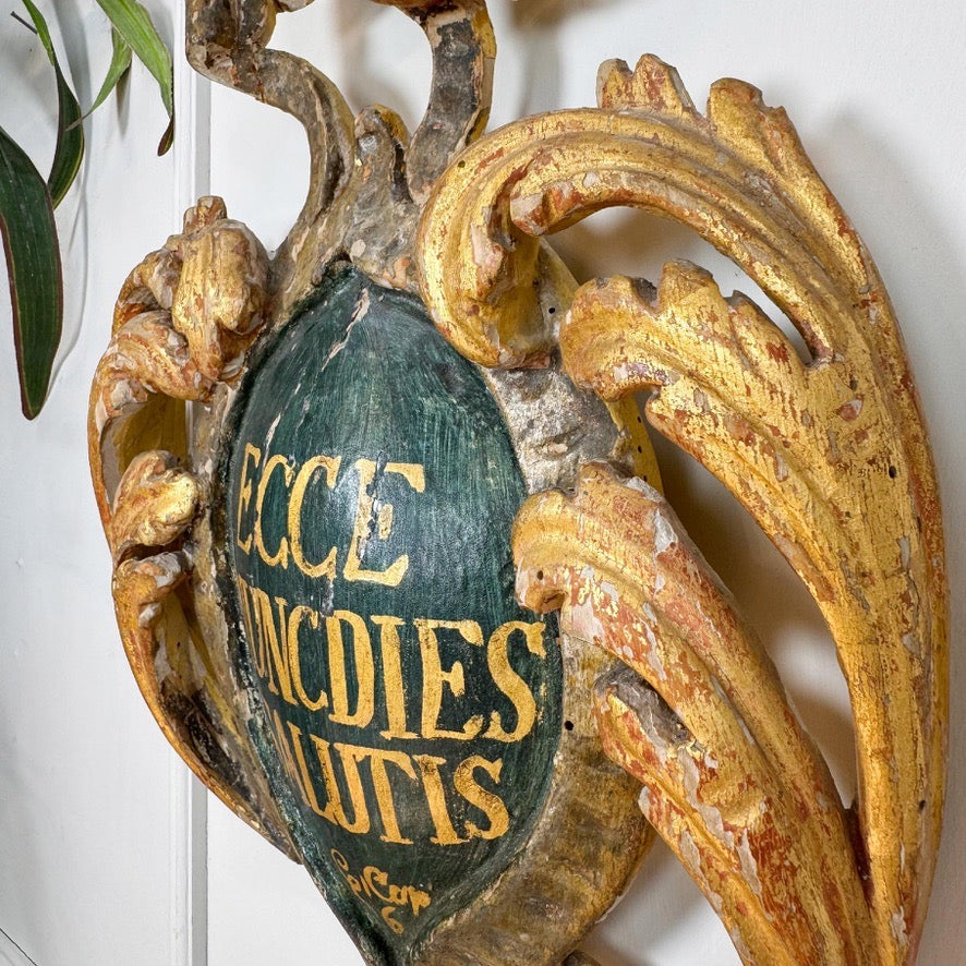 18th Century Giltwood Religious Shield Polychrome Painted
