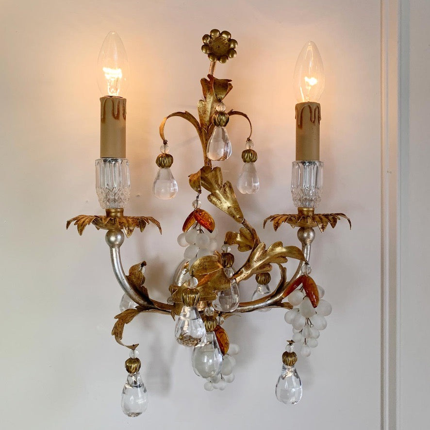 Pair of Banci Firenze Gold Crystal Grape and Pear Wall Lights