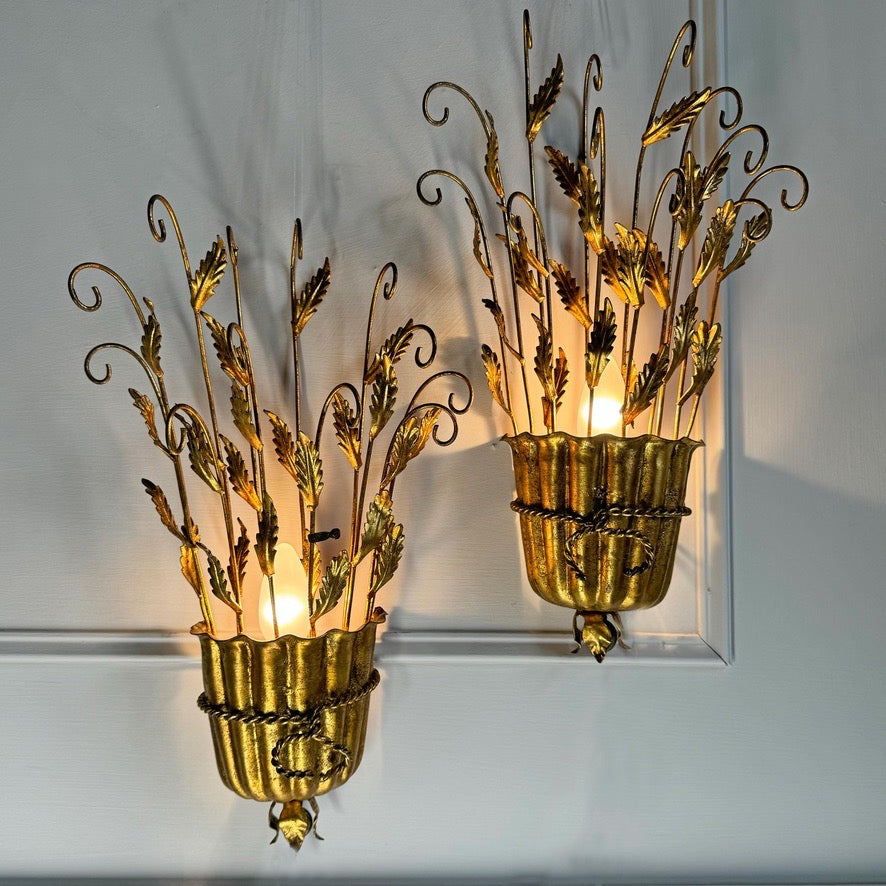 1950's Italian Gilt Scroll and Leaf Wall Lights