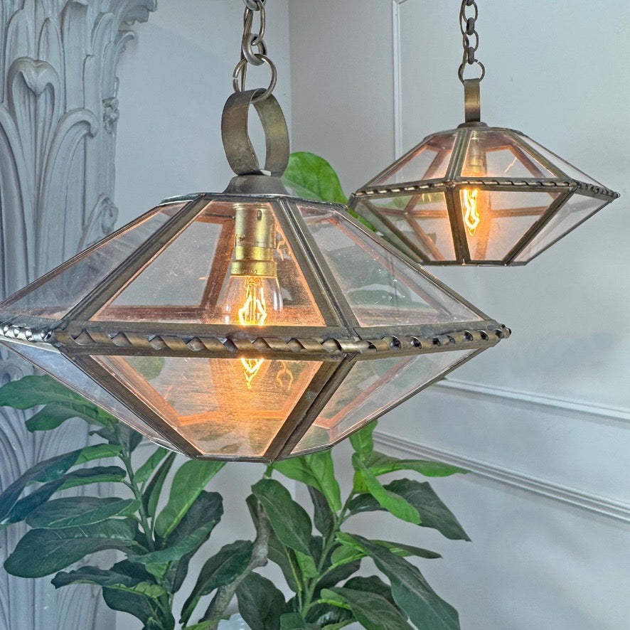 Pair of French Brass and Glass Art Deco Pendant Lights