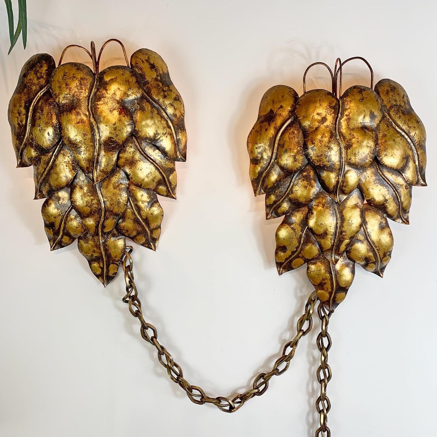 Pair of Gold Italian Leaf and Chain Swag Wall Lights 1950's