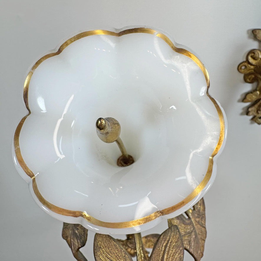RW Winfield Art Nouveau Opaline and Brass Flower Wall Sconces 1845