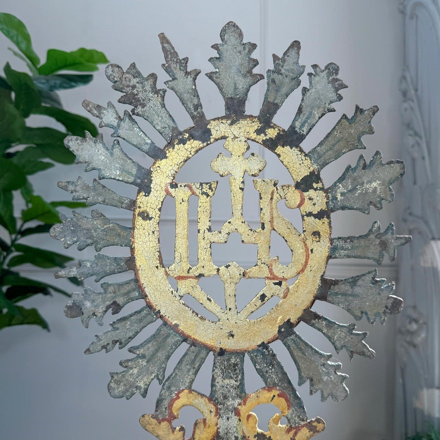 Processional Gilt Iron IHS Cross Mounted on a Baroque Altar Vase 18th Century