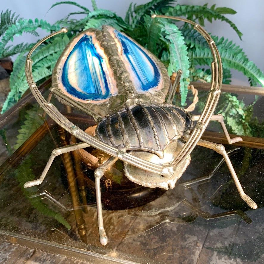 Henri Fernandez Illuminated Gold Blue Agate Sculpture of a Longhorn Beetle