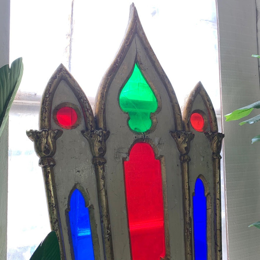 19th Century White and Gold Italian Stained Glass Wooden Church Panel