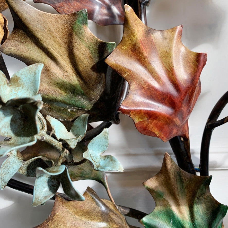 Exceptional Italian Hand Painted Holly Leaf Wall Sconce of Huge Scale