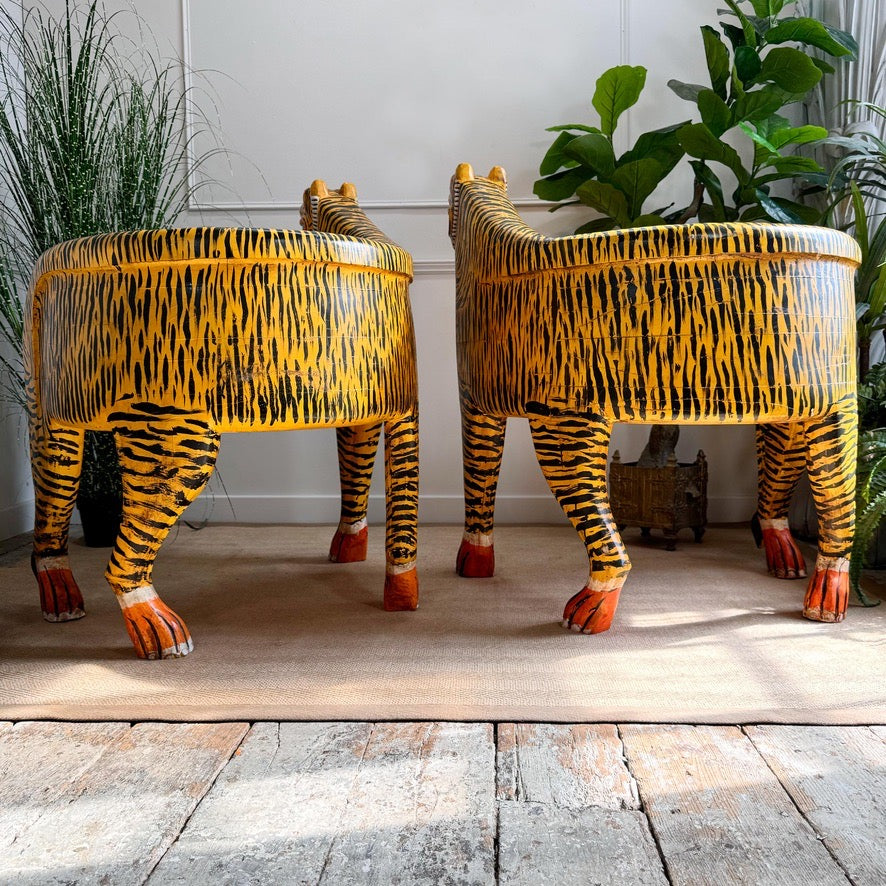 Vintage Pair of Indian Polychrome-Decorated Tiger Throne Chairs
