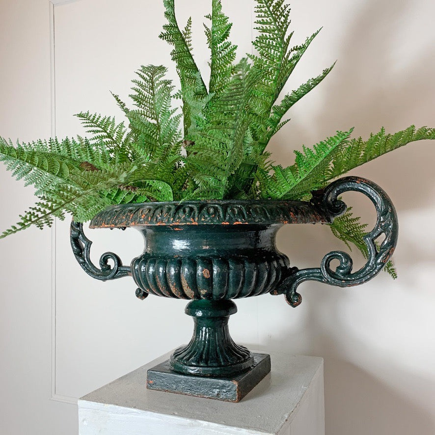19th C French Green Cast Iron Urn With Decorative Handles