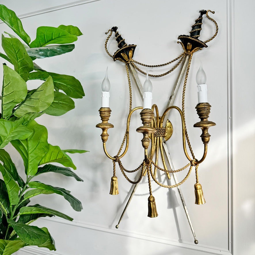 An Outstanding 1950's Italian Cross Sword and Gilt Rope Tassel Wall Light