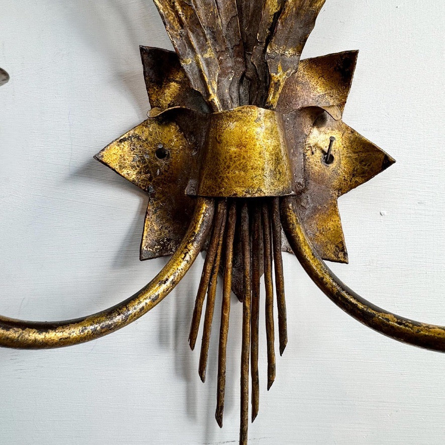 Pair of Vintage Gold Reed Leaf Wall Lights by Ferrocolor Spain 1950's