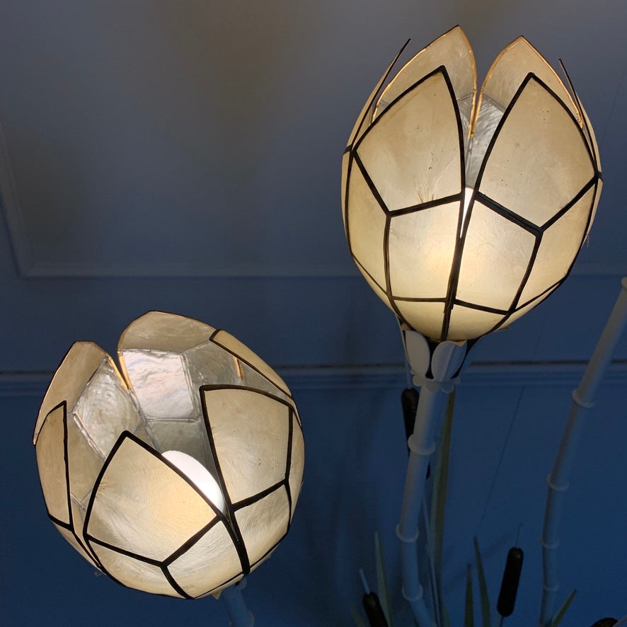 1980's White Bamboo & Bulrush Floor Lamp With Shell Shades