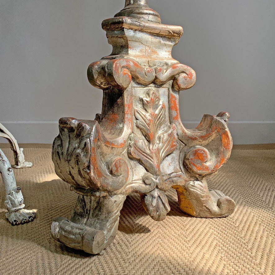 Large 19th Century Silver Baroque Gilt Wood Candlestick