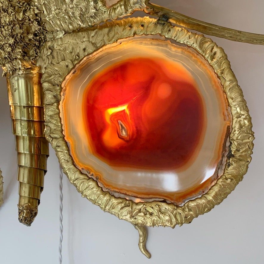 Isabelle Faure Signed Illuminated Gold Butterfly Sculpture in Brass and Agate