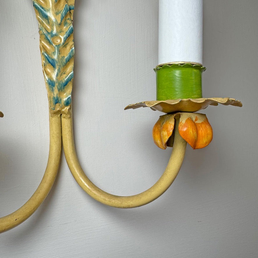 1970's Polychrome Feather Frond Wall Lights