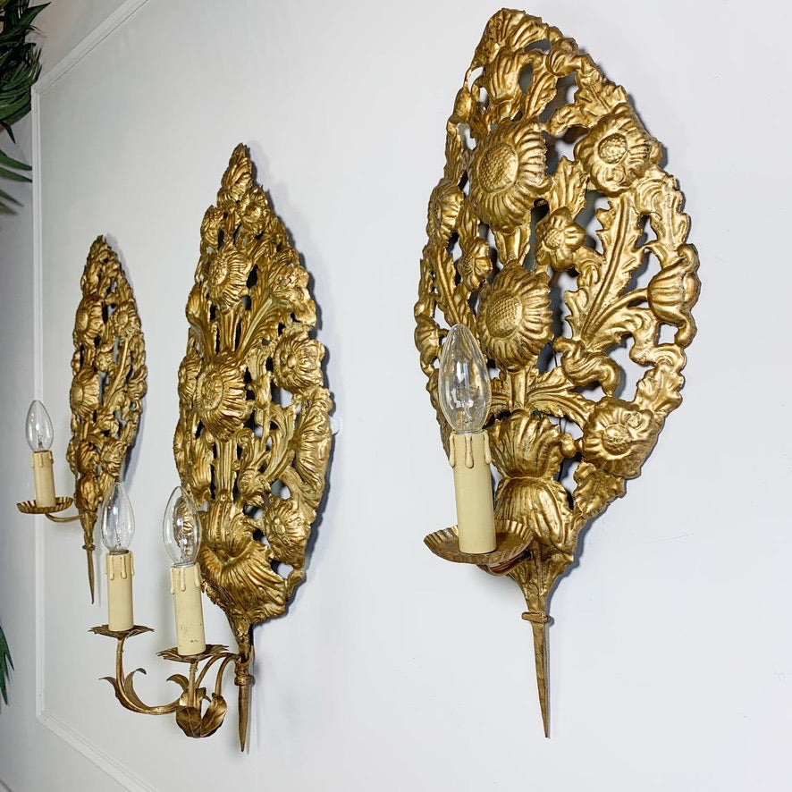 Set of 3 Gold Repousse Baroque Wall Sconces