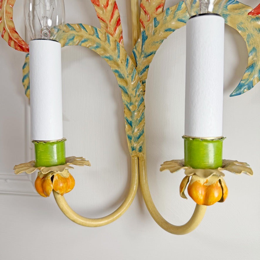 1970's Polychrome Feather Frond Wall Lights