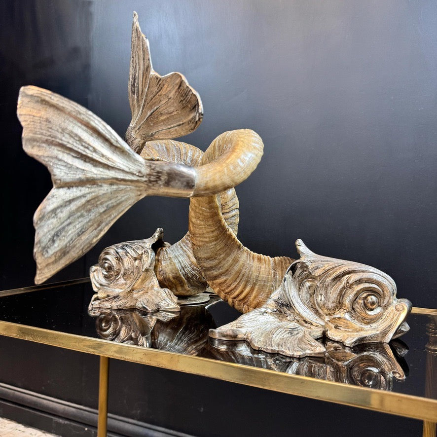 Gabriella Crespi 'Coppia di Delfini' Pair of Rams Horn and Silvered Bronze Mythical Dolphins Each Signed to Base