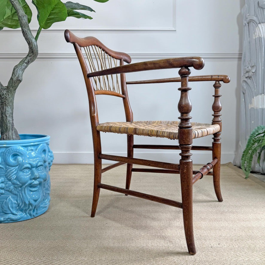 19th Century Herringbone Woven Elbow Chair with Stick Back
