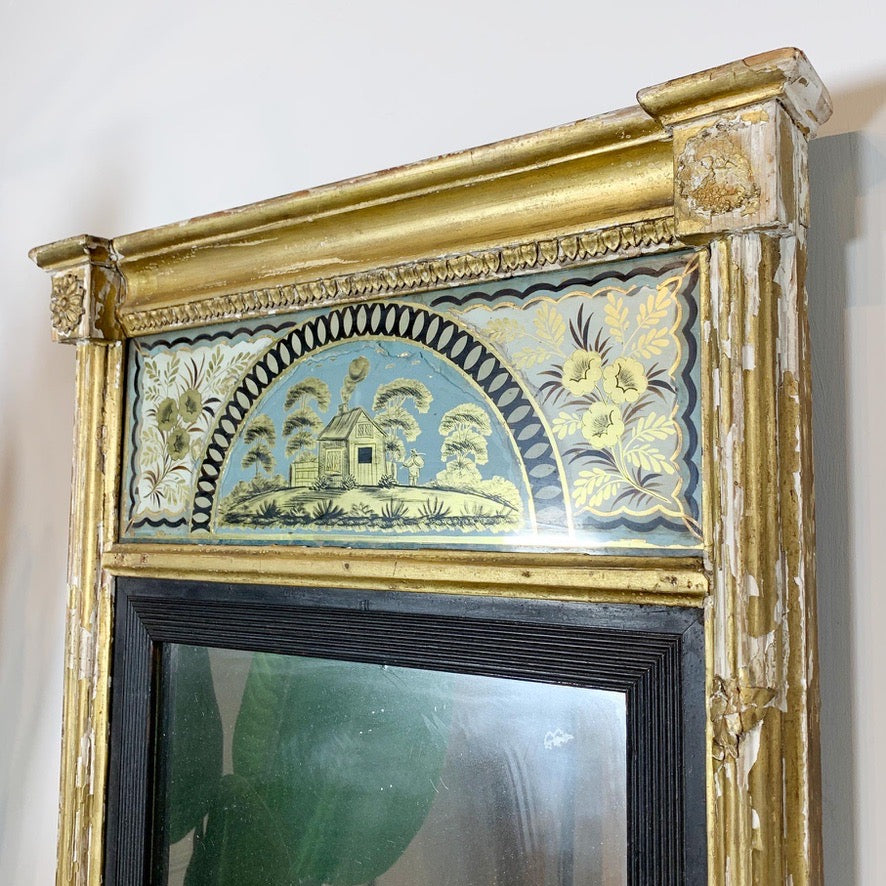 Georgian Gilt-Gesso Framed Wall Mirror with Inset Verre Eglomise Gilded Glass Frieze