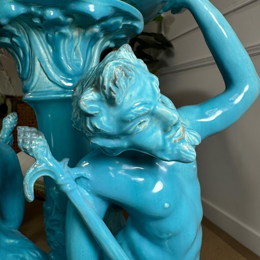 Jerome Massier Blue Glazed Faience Satyr Planter and Stand