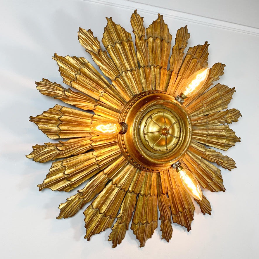 Carved Gilt Wood Church Sunburst Light Circa 1920