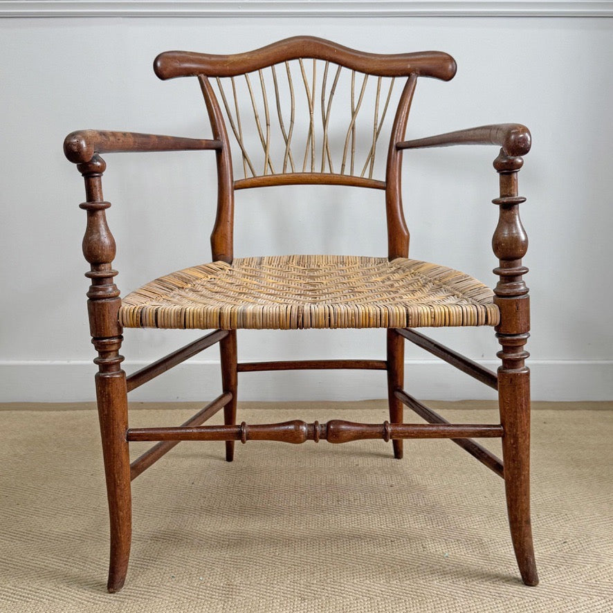 19th Century Herringbone Woven Elbow Chair with Stick Back