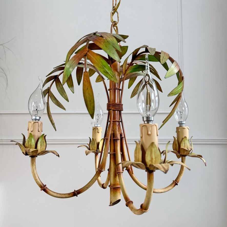 Mid Century Italian Faux Bamboo Palm Tole Chandelier 1950's