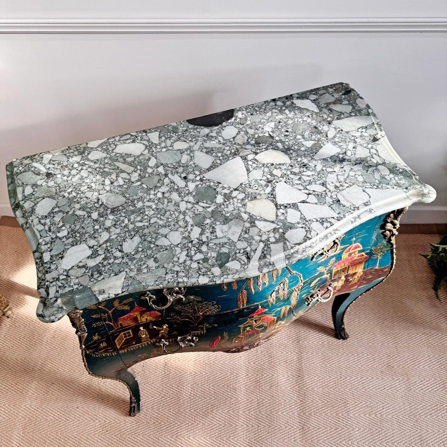 Antique Blue Chinoiserie Bombe Commode 19th Century France