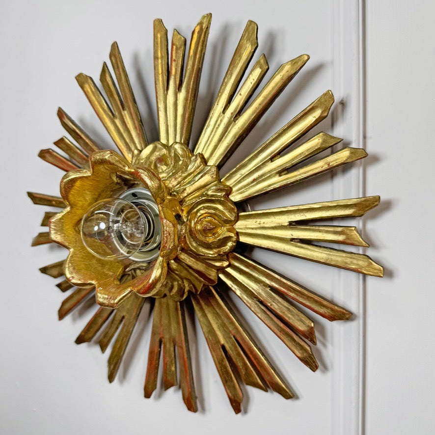 Antique Water Gilt Wood Chapel Sunburst Flush Light