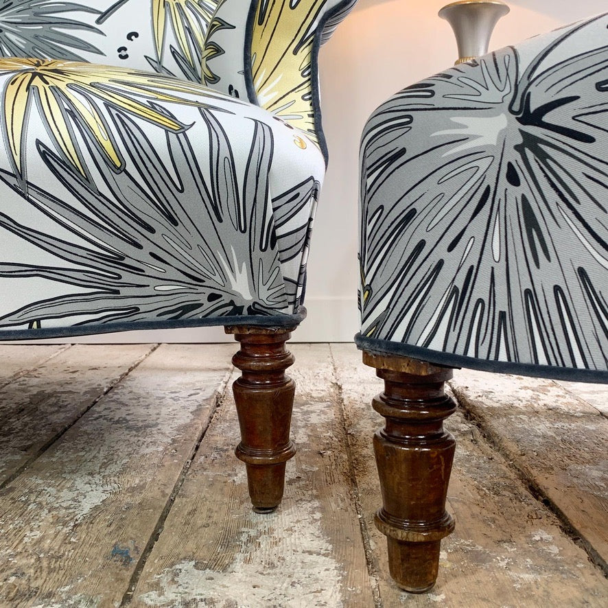 19th Century French Napoleon lll Armchair and Footstool in Tropics 'Fan Palm' Fabric