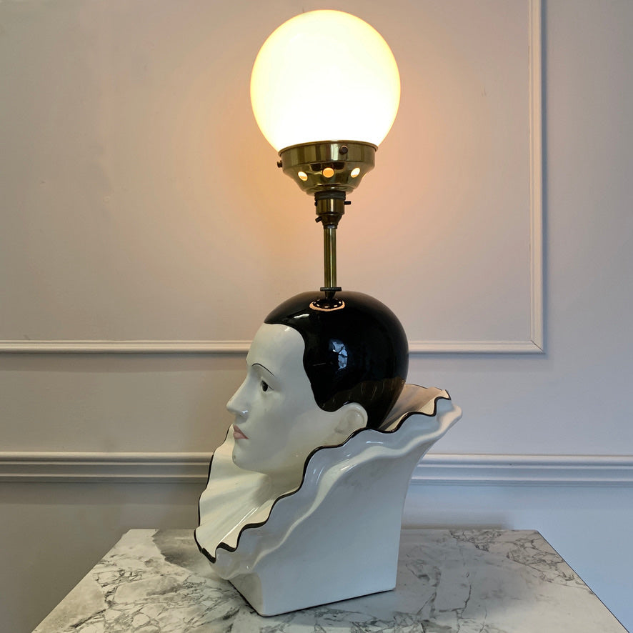 1980's White Ceramic pierrot & globe table lamp