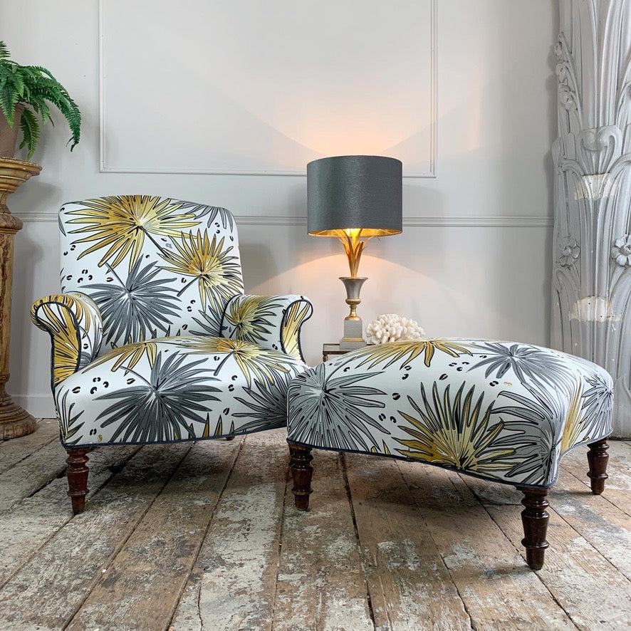 19th Century French Napoleon lll Armchair and Footstool in Tropics 'Fan Palm' Fabric