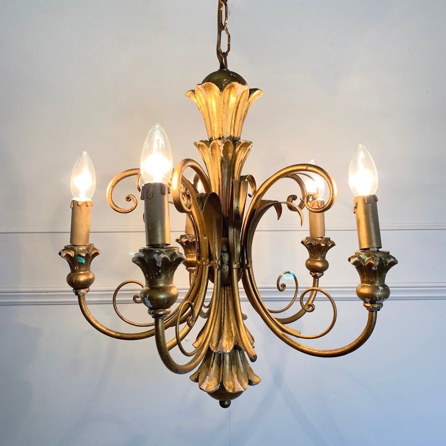 Italian Gold Wooden Scroll Chandelier 1960's