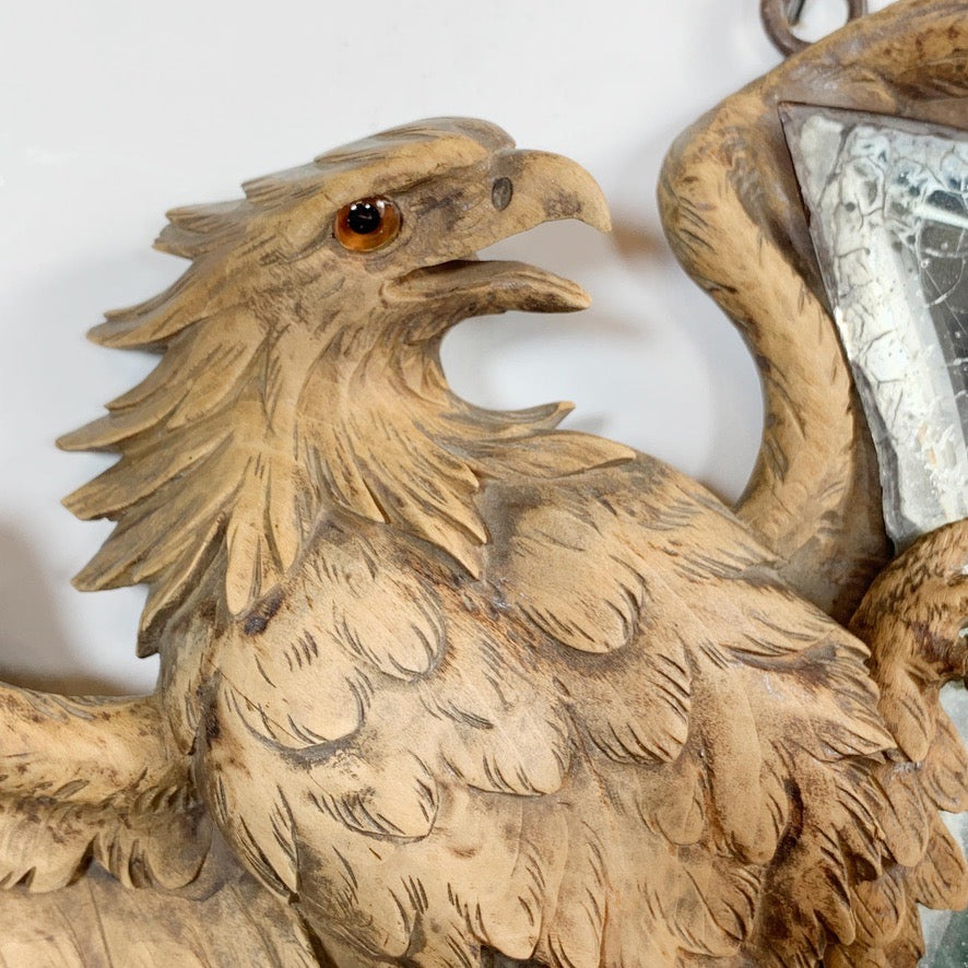 Black Forest Wood Carving Eagle with Crescent Mirror 1890