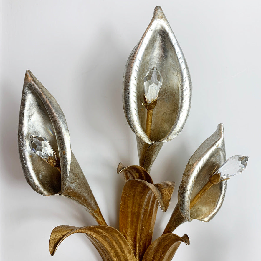 Pair of Hans Kogl Gold & Silver Calla Lily Wall Sconce, C 1970'S