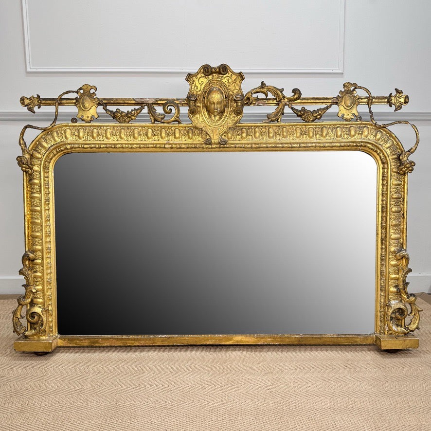 Antique Renaissance Revival Giltwood Overmantle Mirror 19th Century