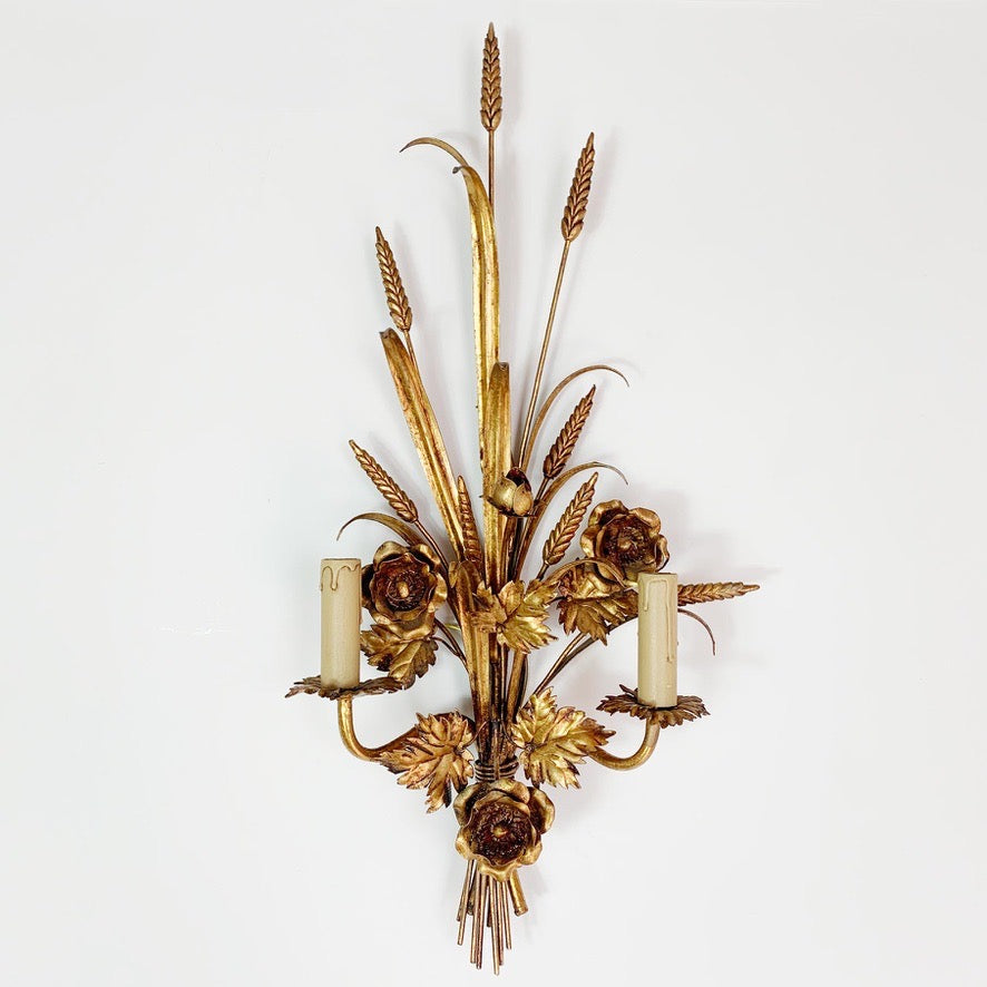 S.Salvadori Gold Wheat Sheaf Sconce Light 1970's