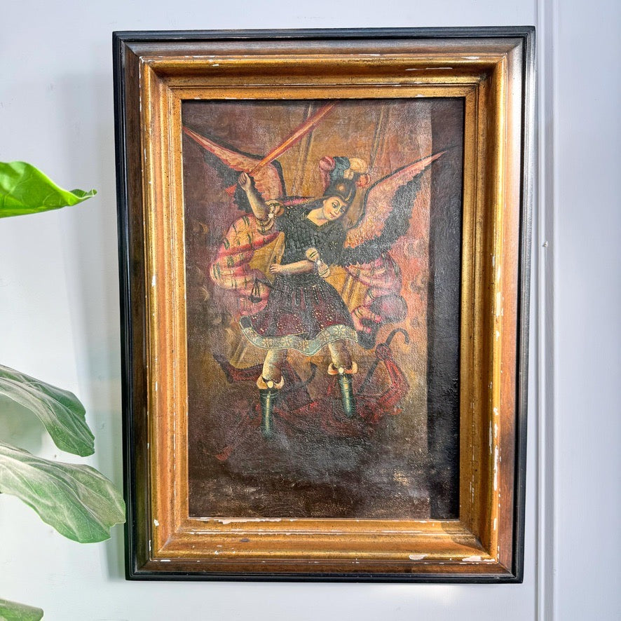 Cuzco School Oil Painting on Canvas of the Archangel Michael defeating Satan 18th Century