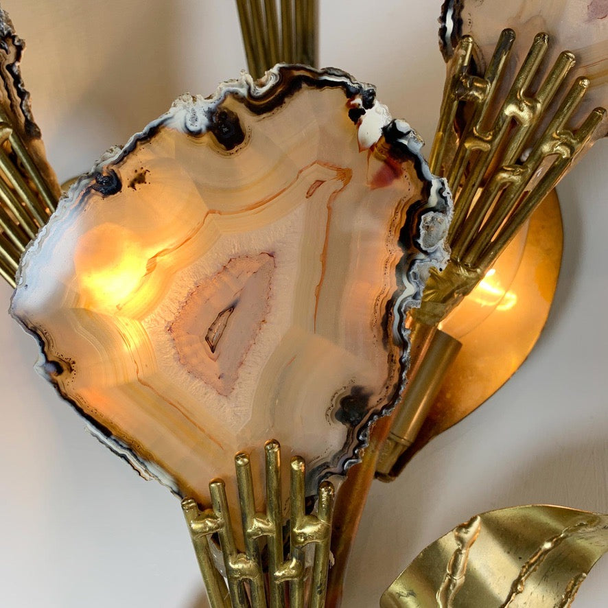 Henri Fernandez Signed Agate and Brass Wall Lights