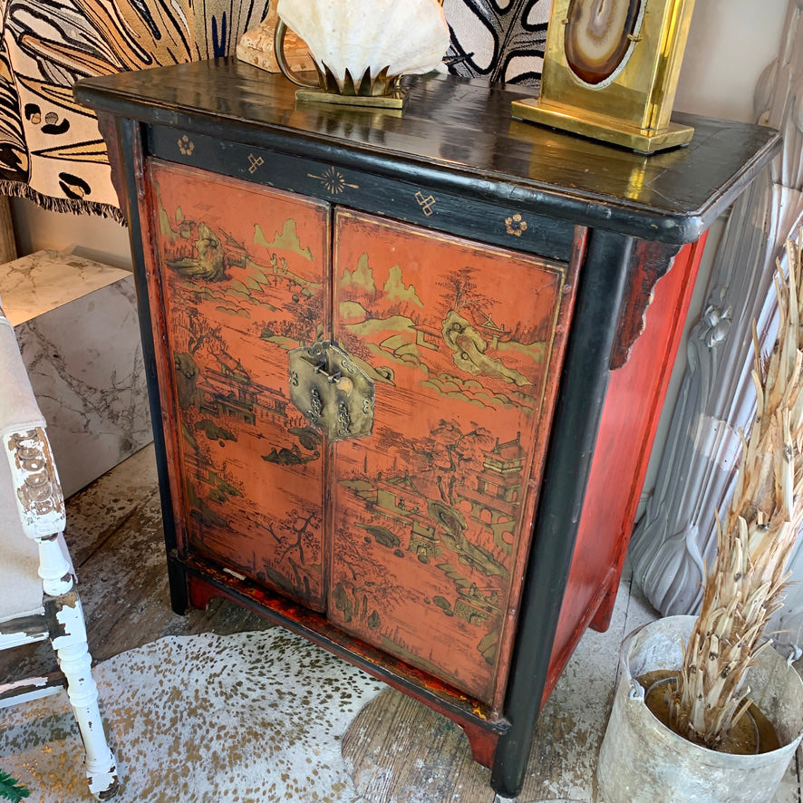 19th C Crimson Red On Black, Chinoiserie Cabinet