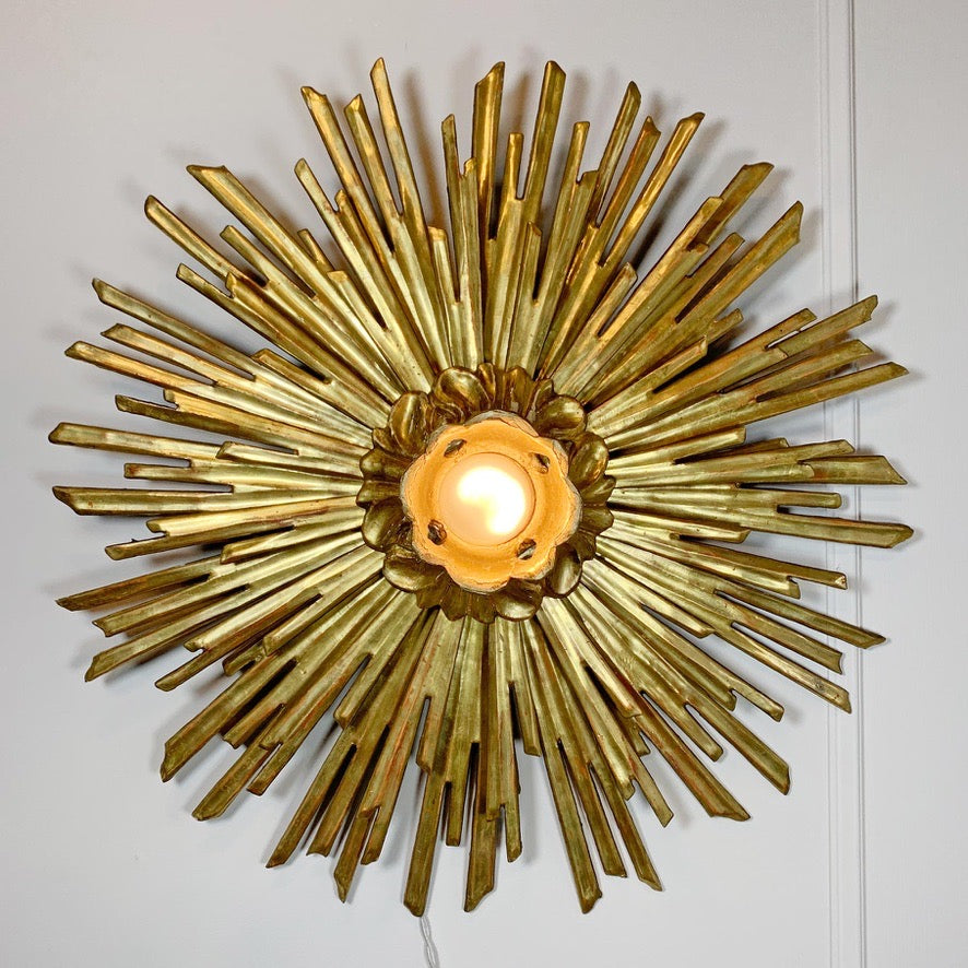 Large Water Gilded Gold Wooden Chapel Sunburst Flush Light